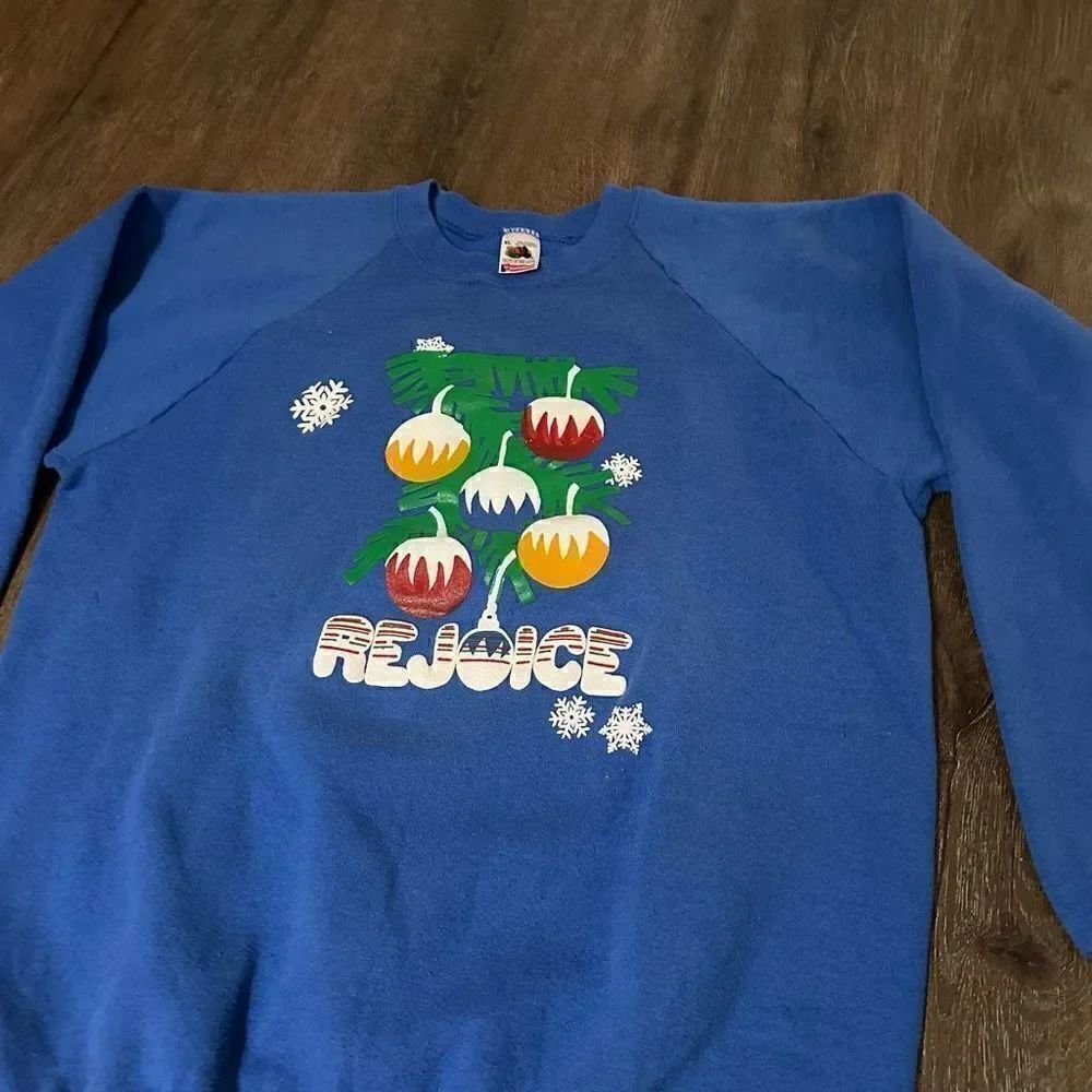 Vintage Hanes USA made Puff Paint Blue Rejoice Christmas Crewneck Sweater Sz XL